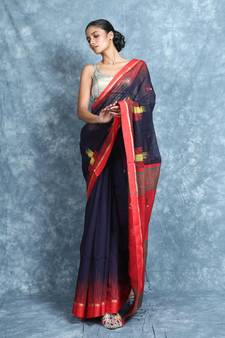 Navy blue woven blended cotton saree with blouse