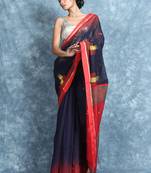 Navy blue woven blended cotton saree with blouse