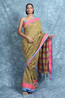 Yellow woven blended cotton saree with blouse