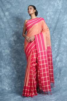 Peach woven cotton saree with blouse