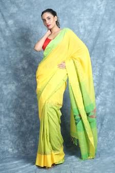 Yellow woven cotton saree with blouse
