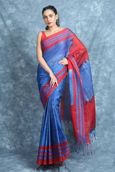 Blue woven cotton saree with blouse