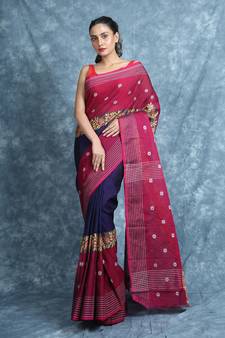 Navy blue woven cotton saree with blouse