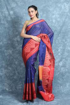 Blue woven cotton saree with blouse