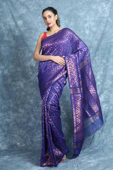 Blue Woven Blended Cotton Saree Without Blouse