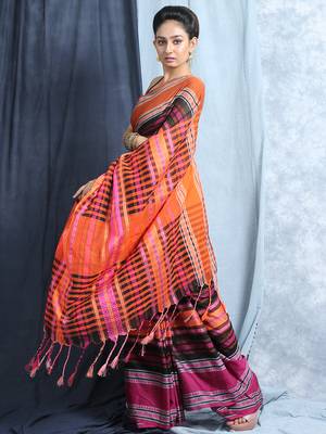 Multicolored cotton weaved saree with blouse  3