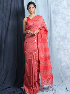 deep peach blended silk saree with blouse 1
