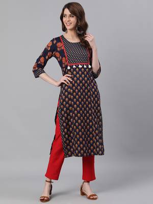 Navy Blue Printed Straight Cotton Kurta With Pant Set 1