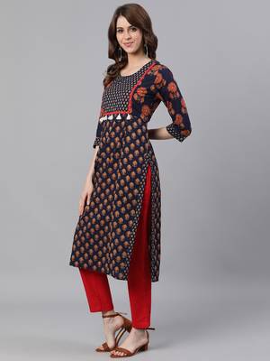 Navy Blue Printed Straight Cotton Kurta With Pant Set 2