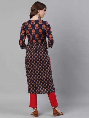 Navy Blue Printed Straight Cotton Kurta With Pant Set 3