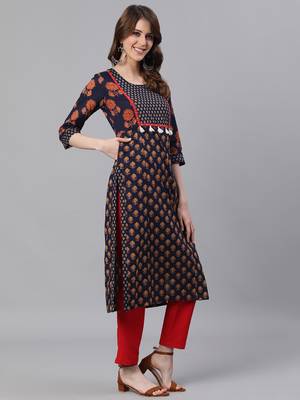 Navy Blue Printed Straight Cotton Kurta With Pant Set 4