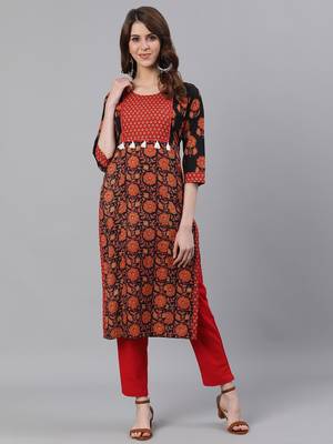 Black Printed Straight Cotton Kurta With Pant Set 1