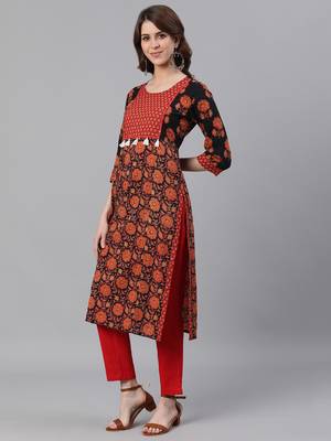 Black Printed Straight Cotton Kurta With Pant Set 2