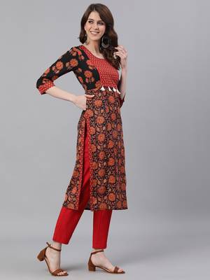 Black Printed Straight Cotton Kurta With Pant Set 4
