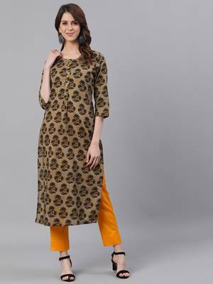 Olive Printed Straight Cotton Kurta With Pant Set 1