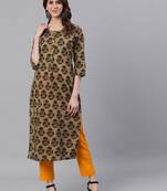 Olive Printed Straight Cotton Kurta With Pant Set