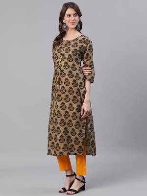 Olive Printed Straight Cotton Kurta With Pant Set 2
