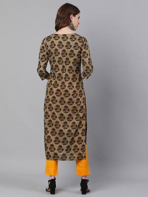 Olive Printed Straight Cotton Kurta With Pant Set 3