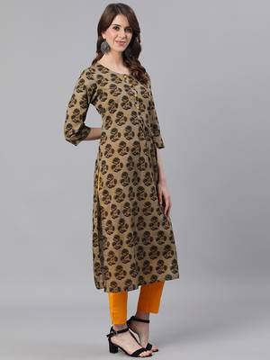 Olive Printed Straight Cotton Kurta With Pant Set 4