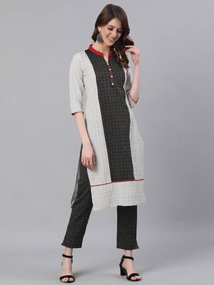 White And Black Straight Cotton Blend Kurta With Pant Set 1