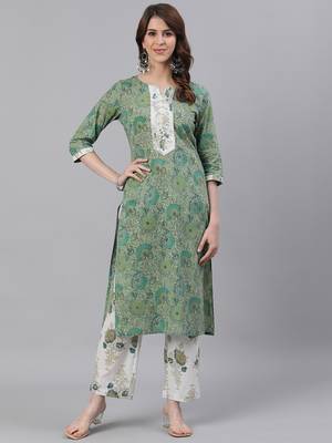 Green Floral Print Straight Cotton Kurta With Palazzo Set 1