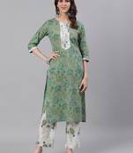 Green Floral Print Straight Cotton Kurta With Palazzo Set