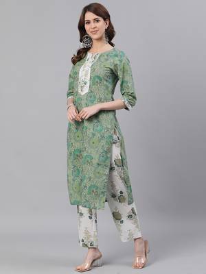 Green Floral Print Straight Cotton Kurta With Palazzo Set 2