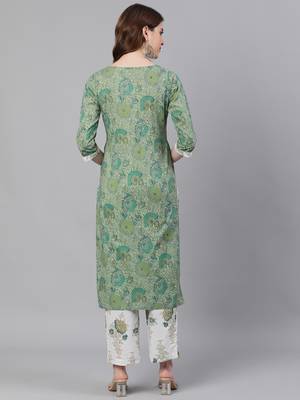 Green Floral Print Straight Cotton Kurta With Palazzo Set 3