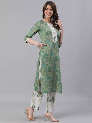 Green Floral Print Straight Cotton Kurta With Palazzo Set 4