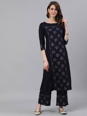 Navy Blue Golden Print Straight Rayon Kurta With Palazzo Set 1