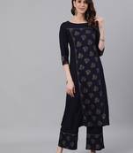Navy Blue Golden Print Straight Rayon Kurta With Palazzo Set