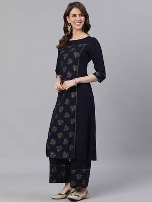 Navy Blue Golden Print Straight Rayon Kurta With Palazzo Set 2