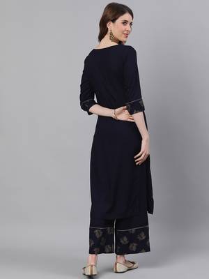Navy Blue Golden Print Straight Rayon Kurta With Palazzo Set 3