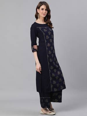 Navy Blue Golden Print Straight Rayon Kurta With Palazzo Set 4