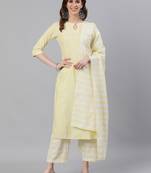 Yellow Stripes Straight Cotton Blend Kurta Palazzo With Dupatta Set