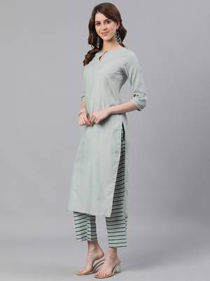 Green Solid Straight Cotton Blend Kurta Palazzo With Dupatta Set 2
