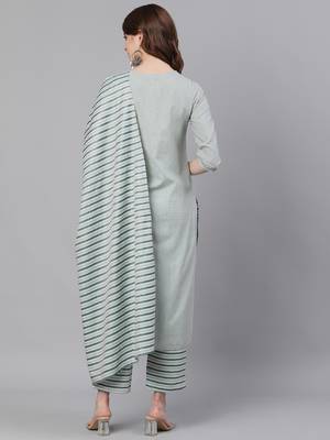 Green Solid Straight Cotton Blend Kurta Palazzo With Dupatta Set 3