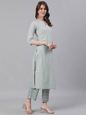 Green Solid Straight Cotton Blend Kurta Palazzo With Dupatta Set 4