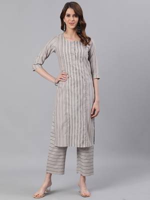 Brown Self Stripe Straight Cotton Blend Kurta With Palazzo Set 1