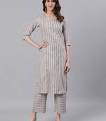Brown Self Stripe Straight Cotton Blend Kurta With Palazzo Set