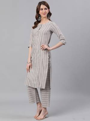 Brown Self Stripe Straight Cotton Blend Kurta With Palazzo Set 2