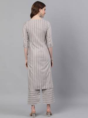 Brown Self Stripe Straight Cotton Blend Kurta With Palazzo Set 3