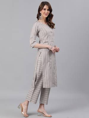 Brown Self Stripe Straight Cotton Blend Kurta With Palazzo Set 4