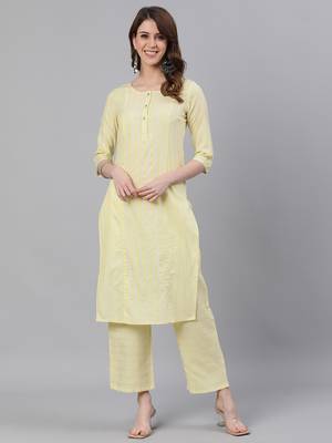 Yellow Self Stripe Straight Cotton Blend Kurta With Palazzo Set 1