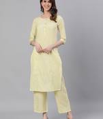 Yellow Self Stripe Straight Cotton Blend Kurta With Palazzo Set