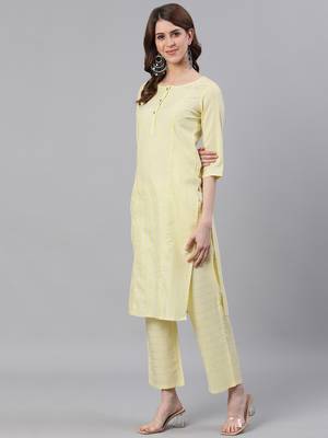 Yellow Self Stripe Straight Cotton Blend Kurta With Palazzo Set 2