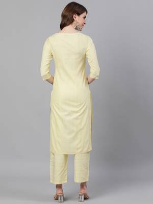 Yellow Self Stripe Straight Cotton Blend Kurta With Palazzo Set 3