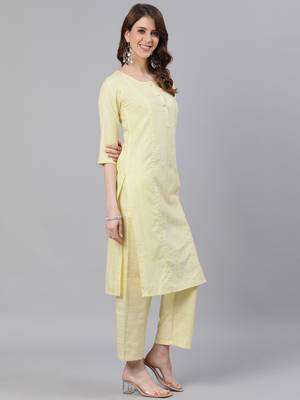 Yellow Self Stripe Straight Cotton Blend Kurta With Palazzo Set 4
