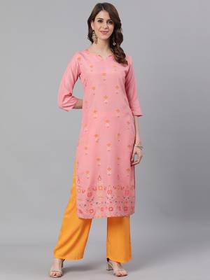 Pink Abstract Print Straight Silk Blend Kurta With Palazzo Set 1