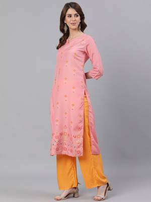 Pink Abstract Print Straight Silk Blend Kurta With Palazzo Set 2